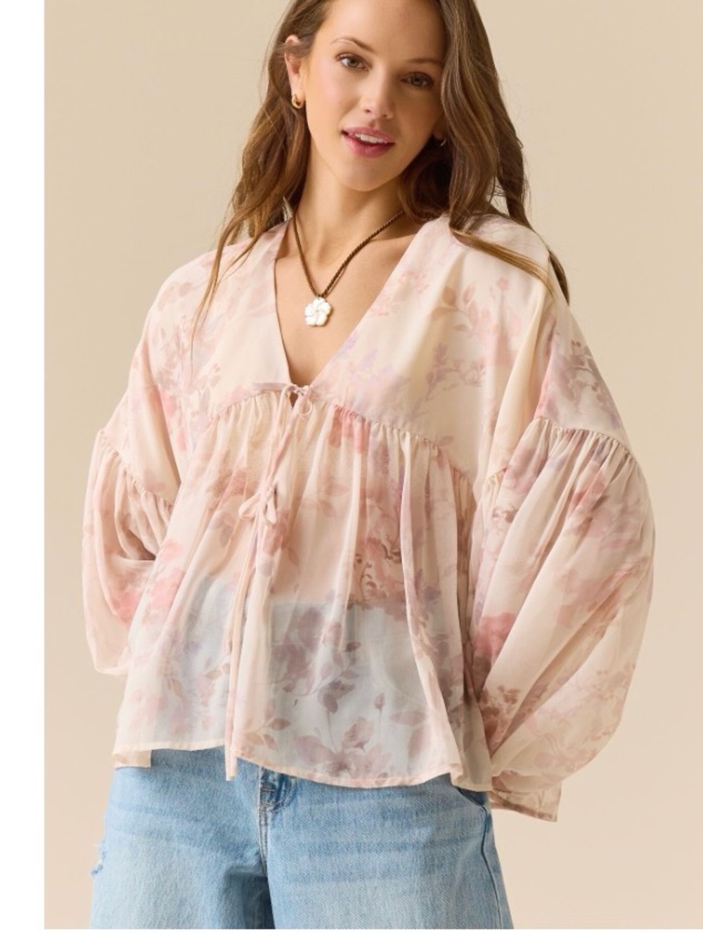 Altar'd State Size Small Sheer Blush Floral V-Neck Boho Blouse